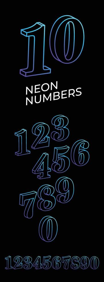 Neon 3D number set. Typographic element set. Glowing neon numbers. Neon digit collection. Vector illustration.