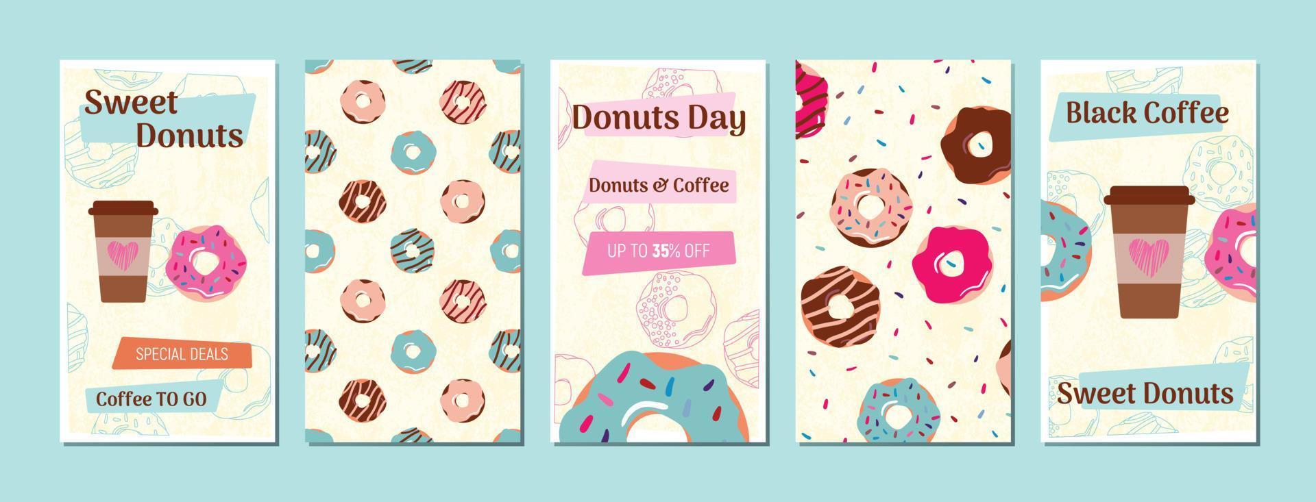 Set template for social media. Delicious donuts. Donut posters. vector
