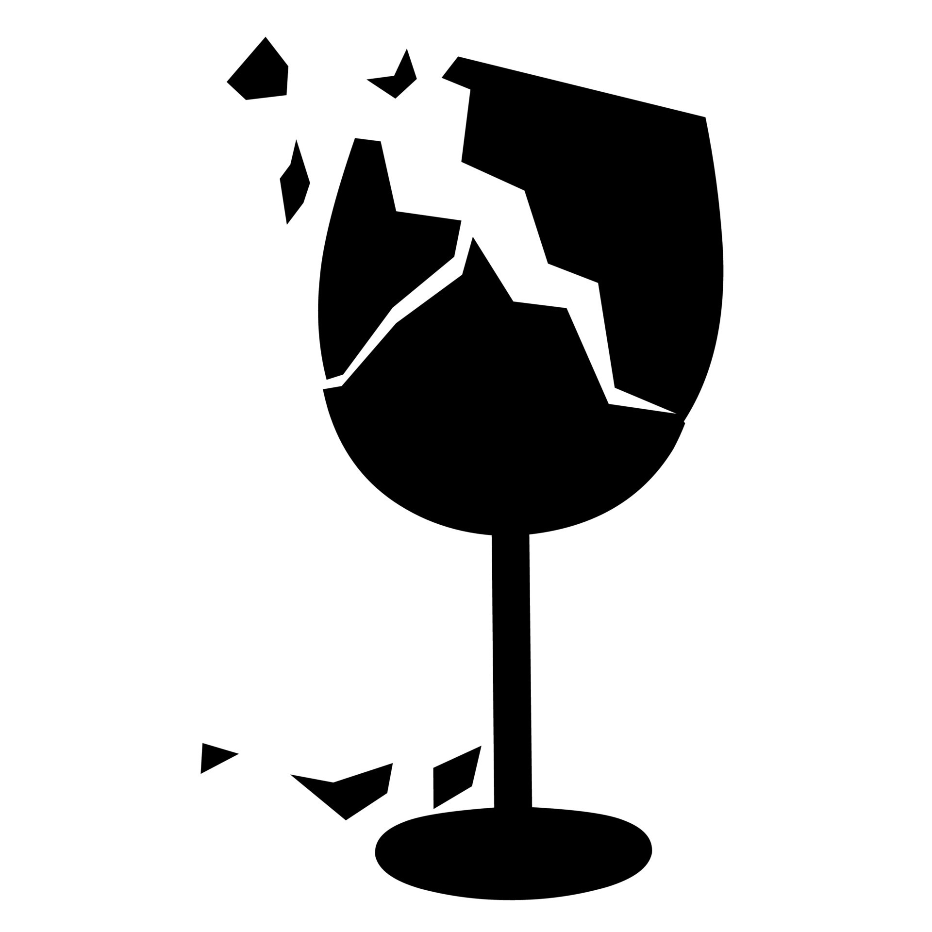 Black icon of broken wine glass on a white background. Glass cups fell