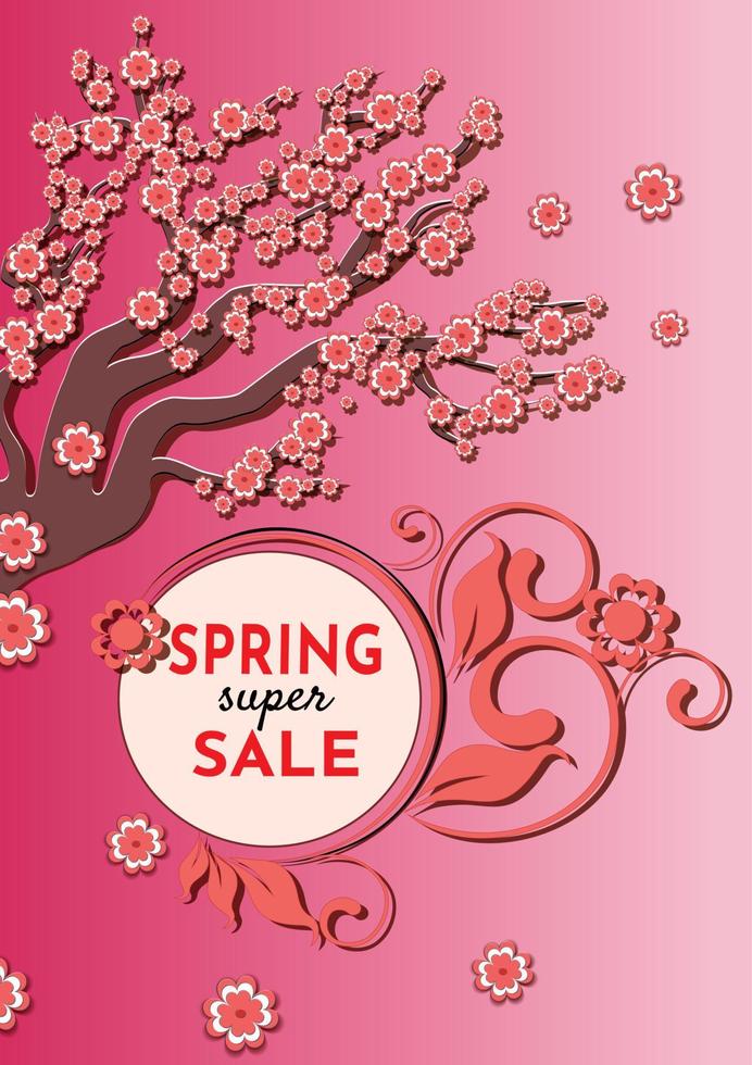 Spring sale. Banners with sakura flowers. Backgrounds with a flowering tree. An advertising poster, a social media post, a discount card or a flyer design template. Vector illustration.