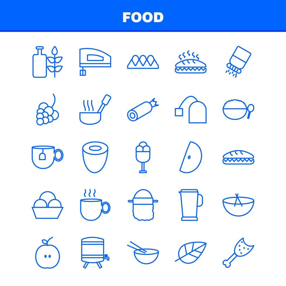 los iconos de la línea de alimentos establecidos para el kit de uxui móvil de infografía y el diseño de impresión incluyen olla para cocinar comida tetera colección de comida moderna logotipo de infografía y vector de pictograma