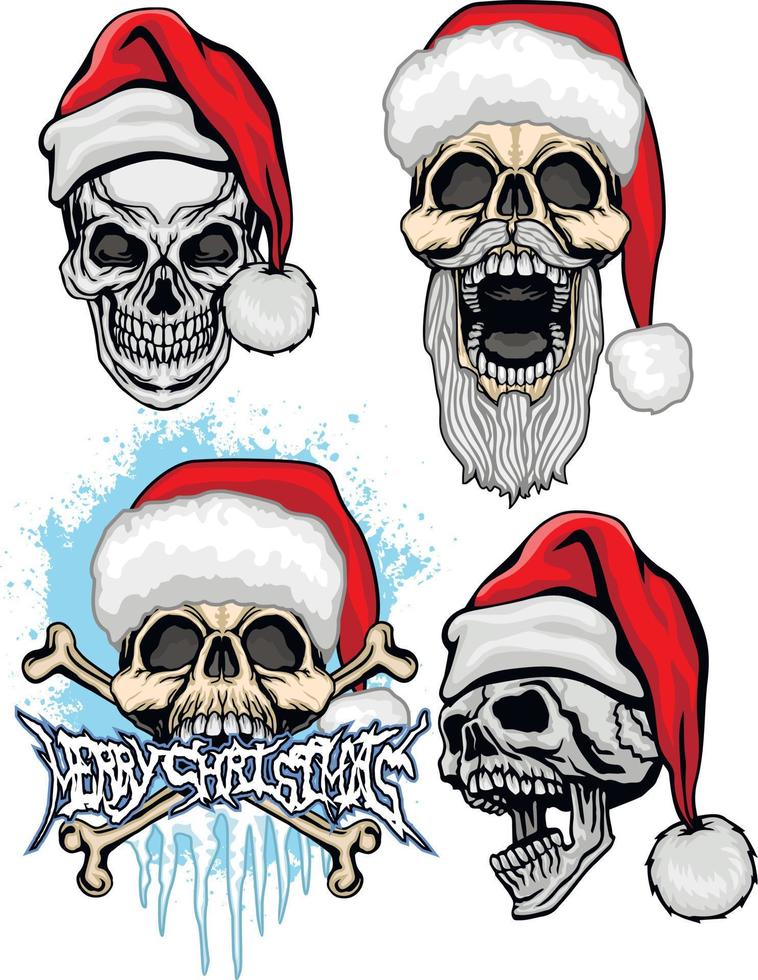 set Xmas sign with skull in hat of Santa Claus, grunge vintage design t shirts vector