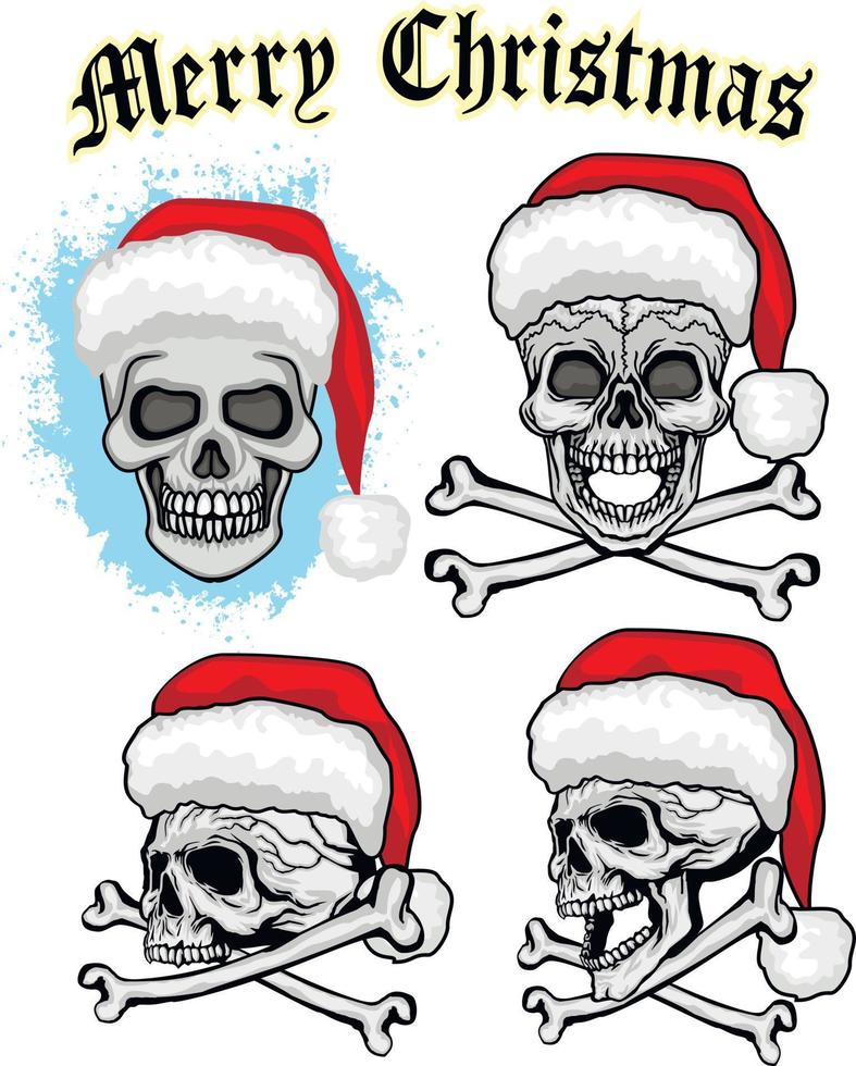 set Xmas sign with skull in hat of Santa Claus, grunge vintage design t shirts vector