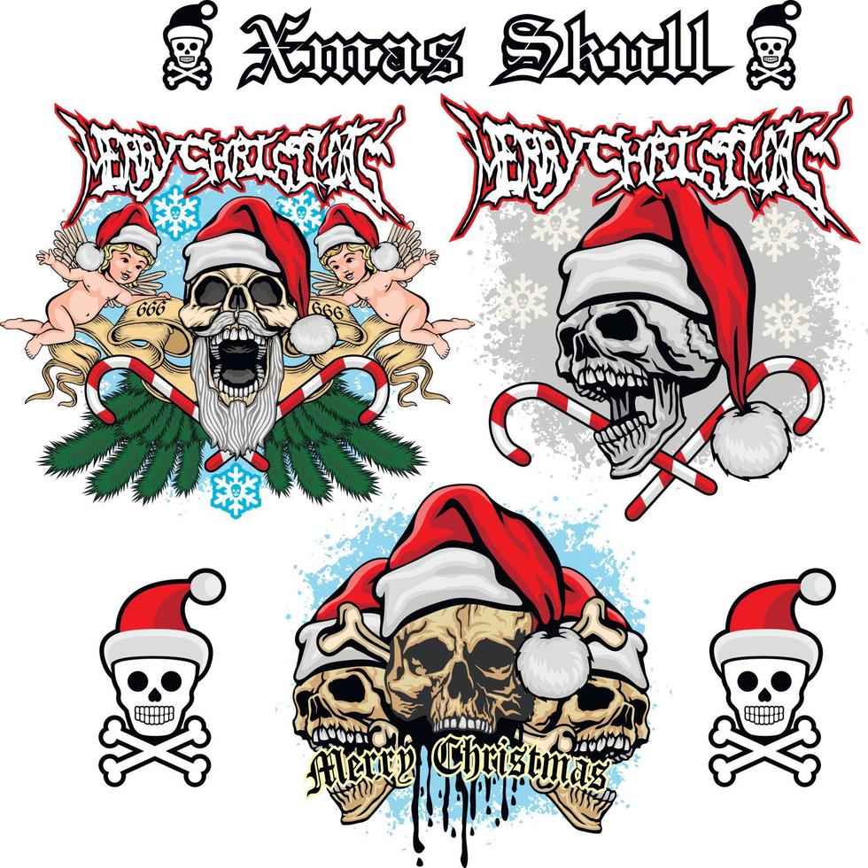 set Xmas sign with skull in hat of Santa Claus, grunge vintage design t shirts vector