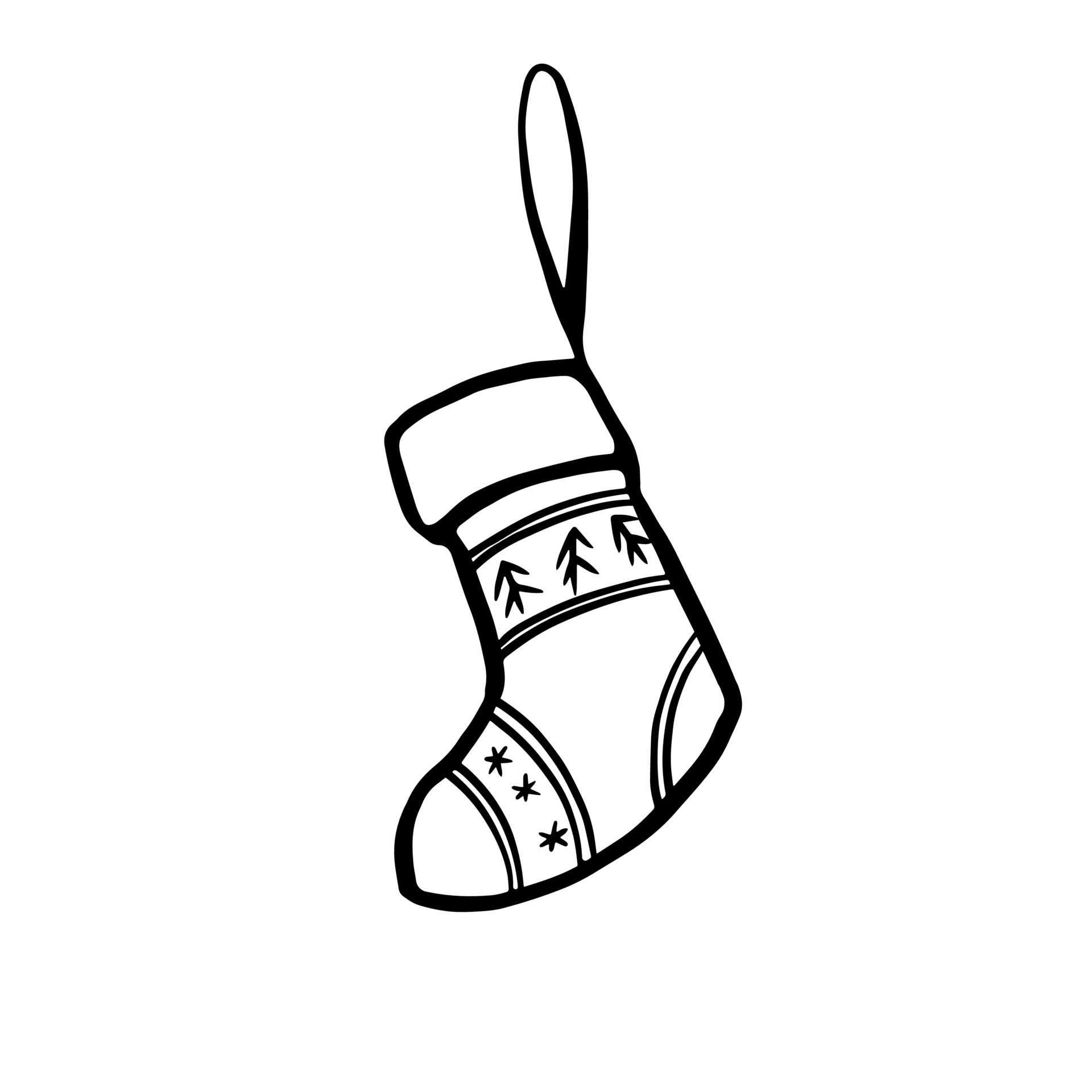 Christmas stocking doodle hand drawn vector drawing. Black and white