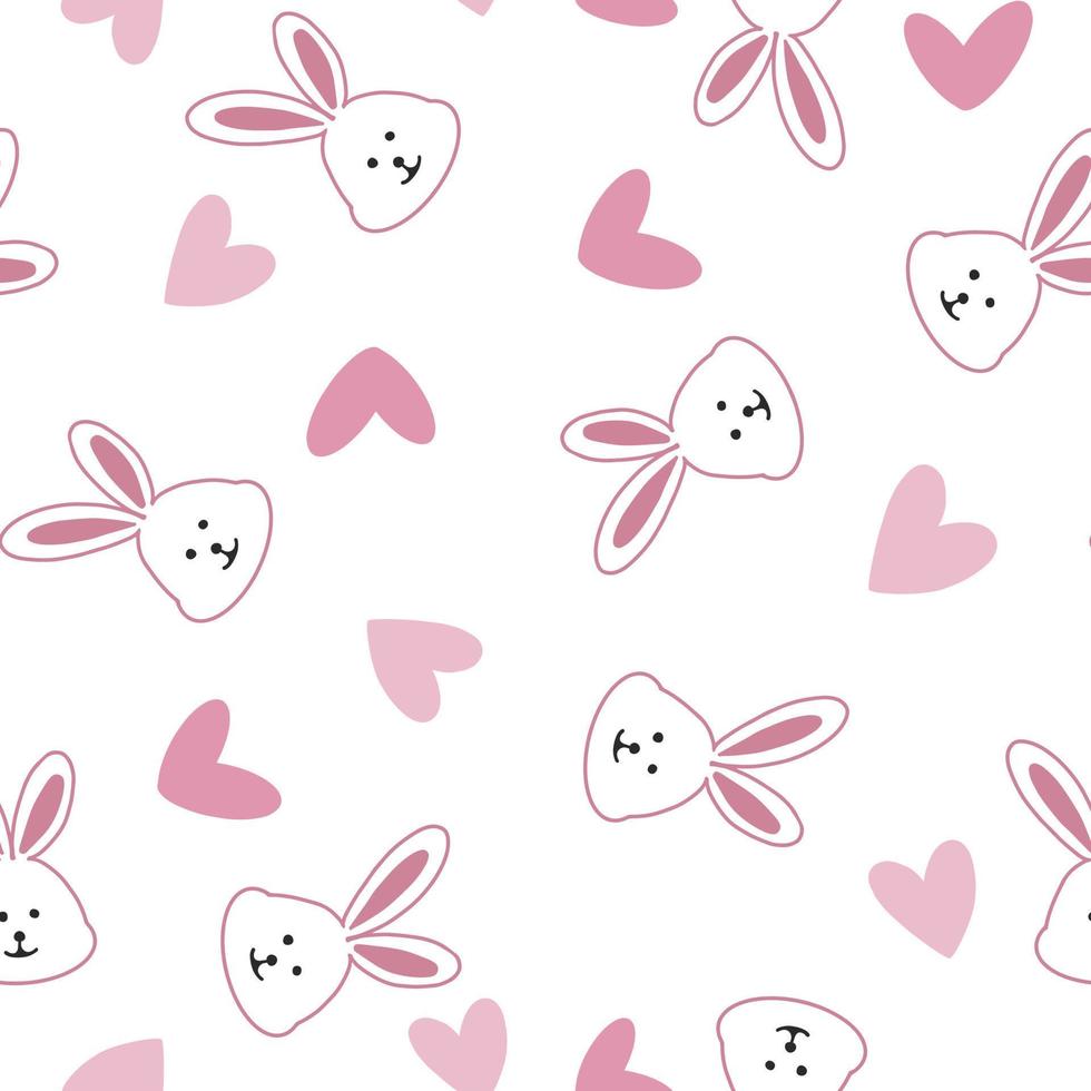 Seamless Pattern Rabbit. Hand Drawn Bunny and heart, design rabbit background. Vector Seamless. Print Design Textile for Kids Fashion. Vector seamless pink background with little cute bunny with heart