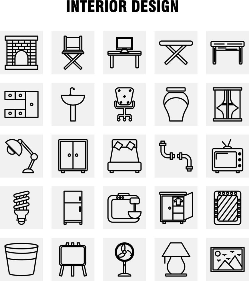 Interior Design Line Icons Set For Infographics Mobile UXUI Kit And Print Design Include Iron Electronics Home Appliances Electronics Items Bath Tub Eps 10 Vector