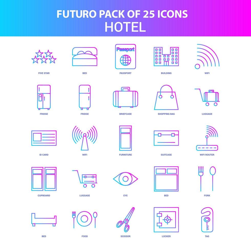 paquete de 25 iconos de futuro hotel azul y rosa vector