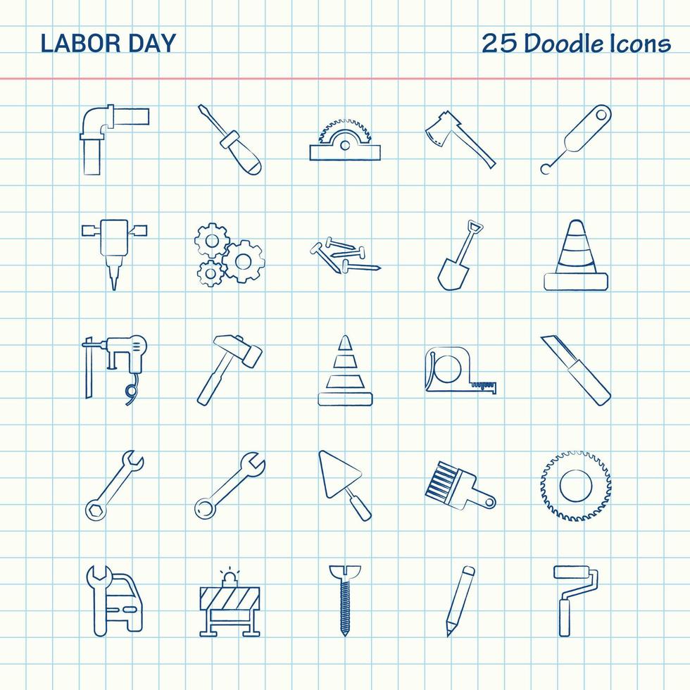 día del trabajo 25 iconos de doodle conjunto de iconos de negocios dibujados a mano vector