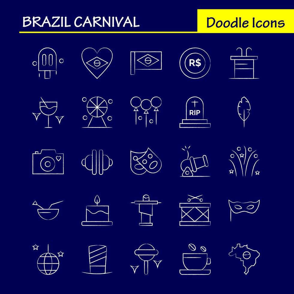 carnaval de brasil paquete de iconos dibujados a mano para diseñadores y desarrolladores iconos de taza de té café tableta moneda moneda dinero cañón vector