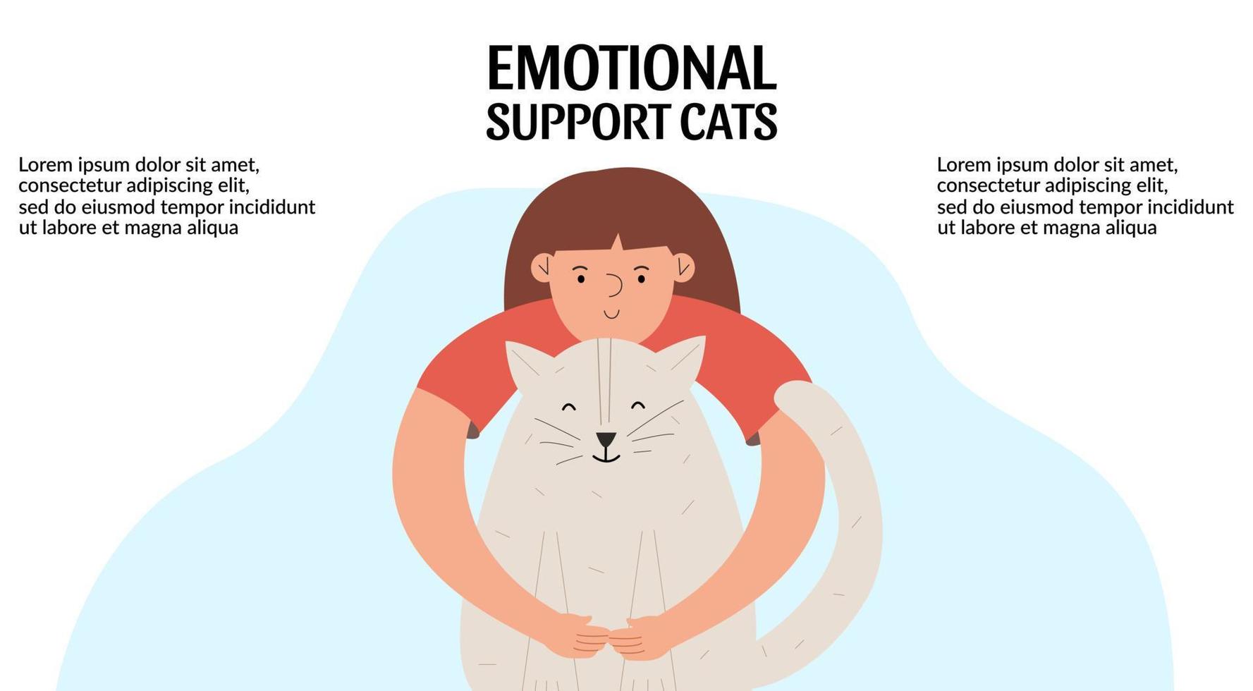 The concept of emotional support cats. Positive Mental Therapy. Girl hugging a cat. Template, banner. Vector illustration