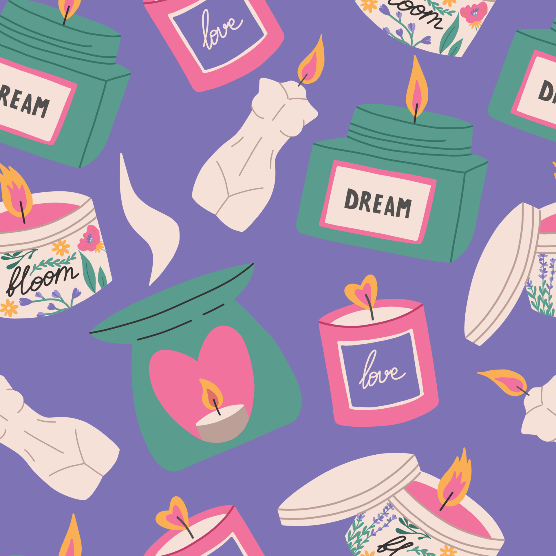 Trendy candles seamless pattern, flat vector illustration on purple