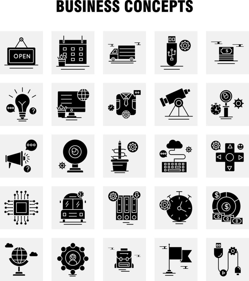 Business Concepts Solid Glyph Icons Set For Infographics Mobile UXUI Kit And Print Design Include Clipboard Setting Gear Pencil Monitor Internet Setting Dollar Collection Modern Infographi vector