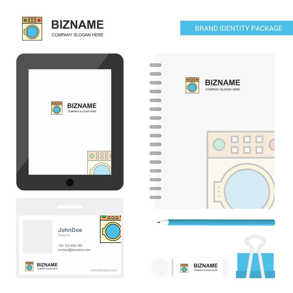 Washing machine Business Logo Tab App Diary PVC Employee Card and USB Brand Stationary Package Design Vector Template