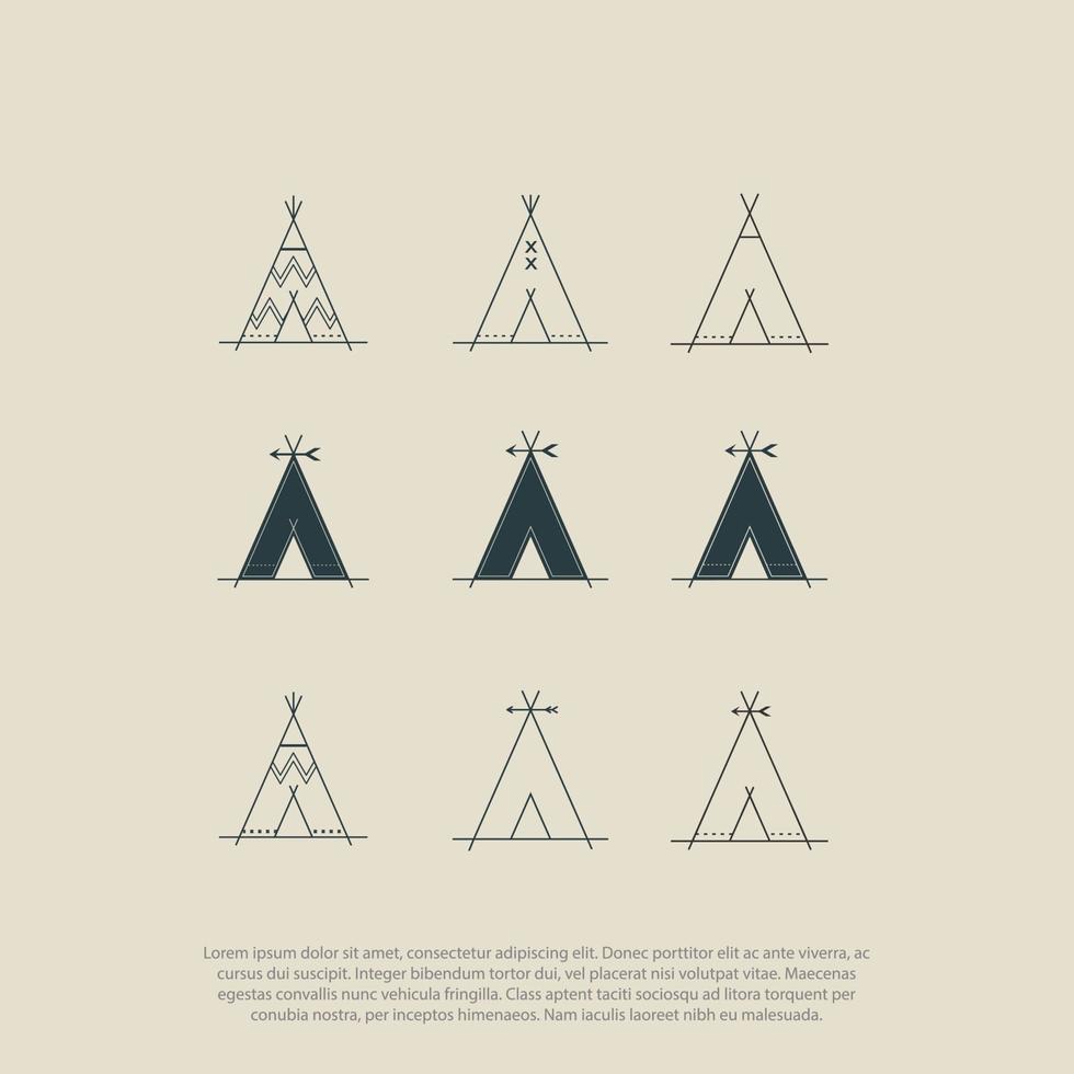 wigwam, tipi, tribus, casa tribal, la tienda tradicional nativa americana, aborigen, conjunto de símbolos de arte lineal para el diseño de logotipos y letras en estilo boho y hipster, vector de diseño de logotipos