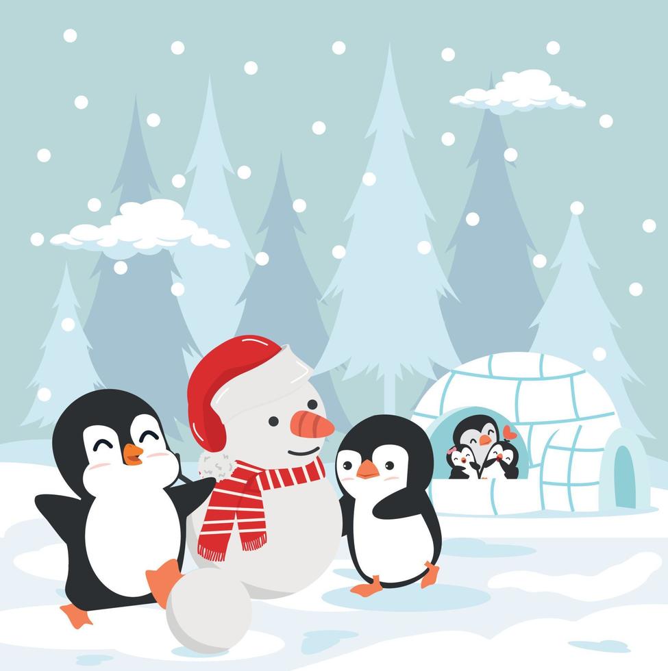 lindos pingüinos invierno jugando nieve vector