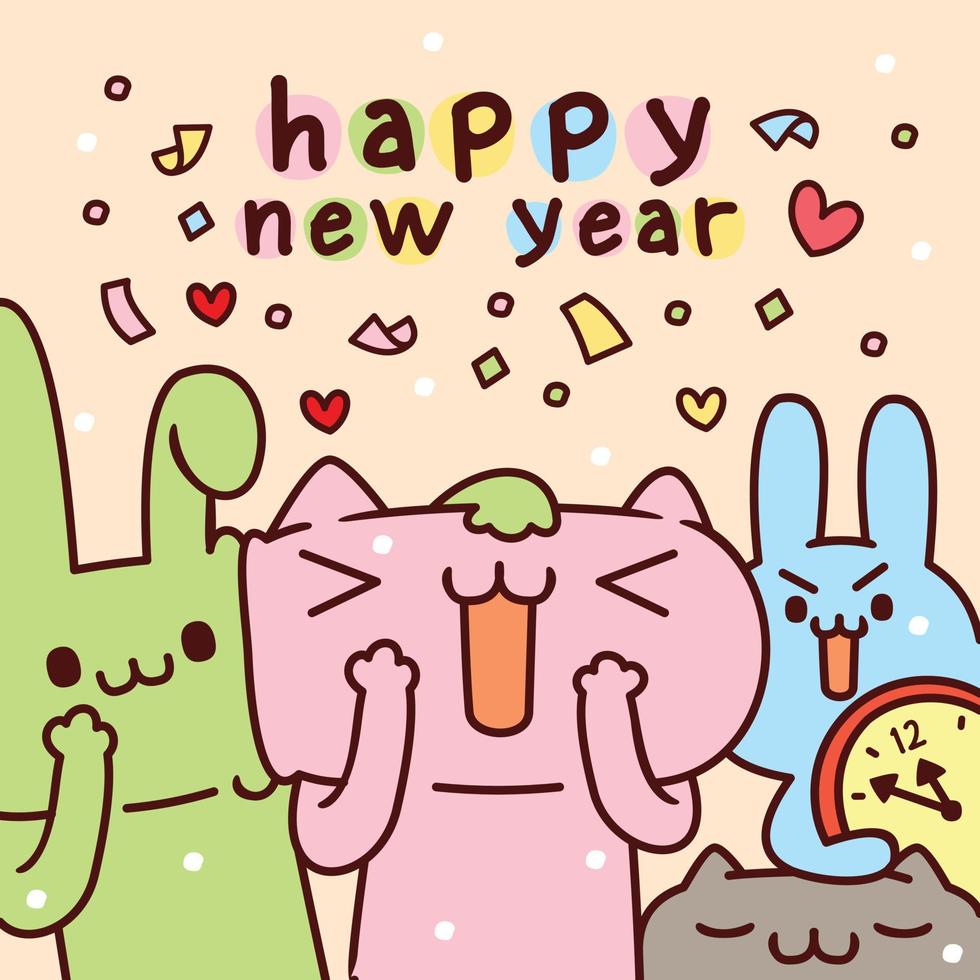 vector illustration of happy new year greetings in kawaii style