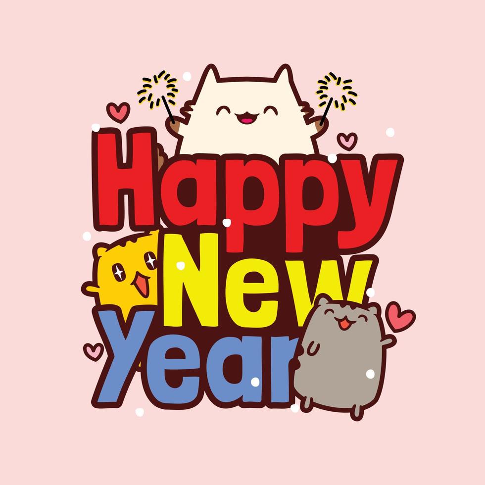 vector illustration of happy new year greetings in kawaii style