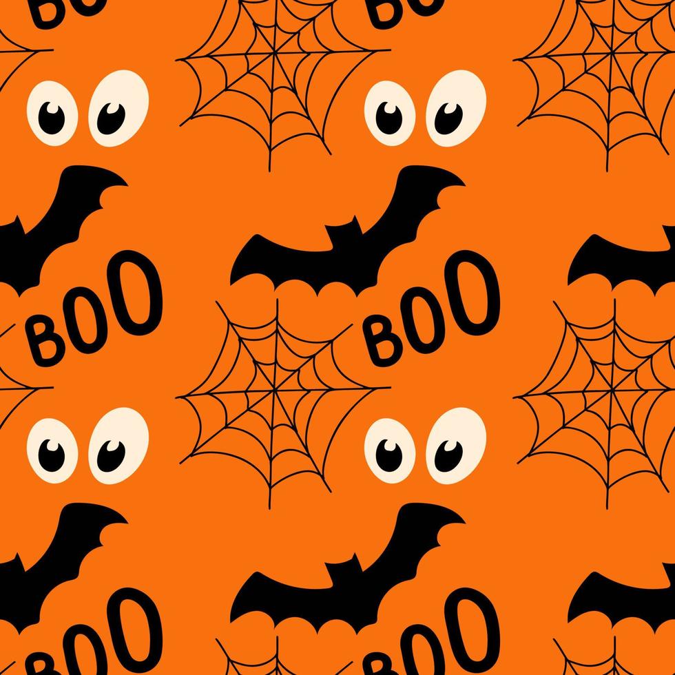 patrón sin costuras de halloween con telaraña, ilustración de murciélago sobre fondo de color naranja vector