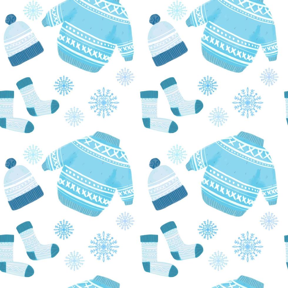 Seamless pattern with illustration of winter clothes. Cute sweater, knitted hat and socks blue color illustration with snowflakes vector