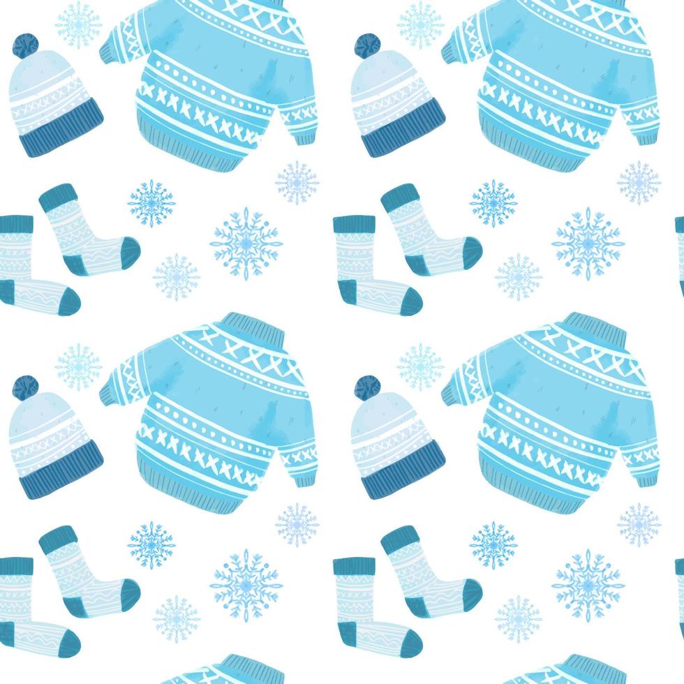 Seamless pattern with illustration of winter clothes. Cute sweater, knitted hat and socks blue color illustration with snowflakes vector