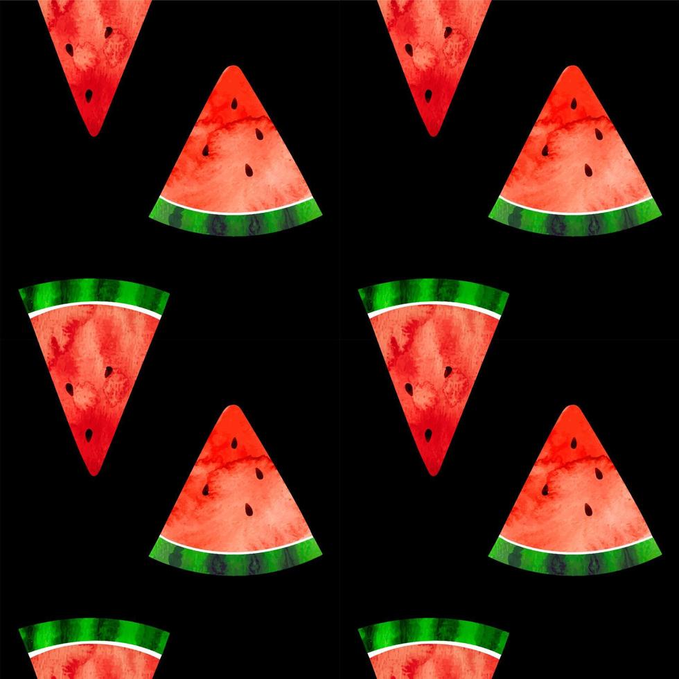 Seamless pattern with watercolor illustration watermelon slices on black background vector