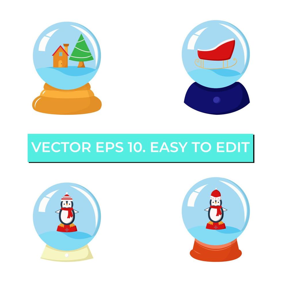 Christmas Crystal Ball with sleigh, penguin, and tree. vector eps 10. easy to edit
