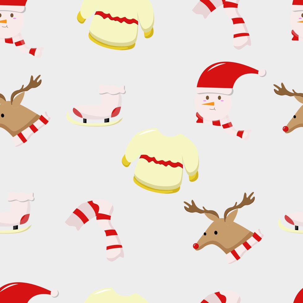 Christmas Seamless Pattern with deer, snowshoes, snowman, and scarf, easy to edit vector
