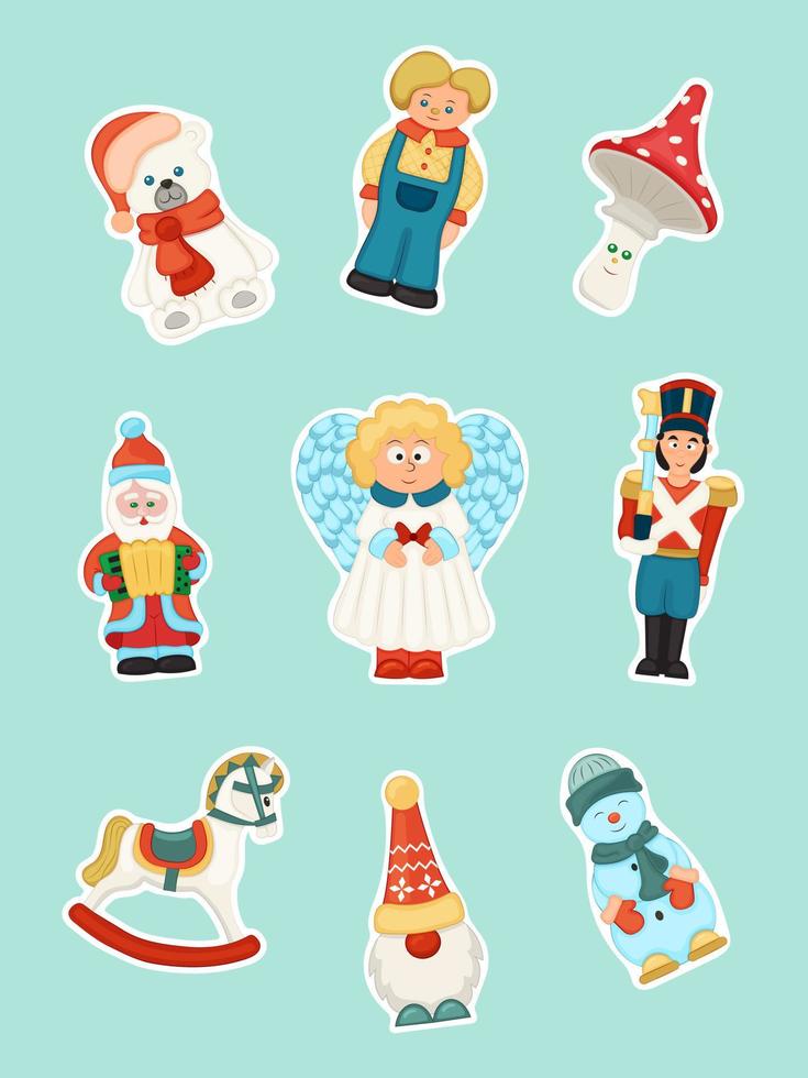 colección de adornos navideños, pegatinas de juguetes navideños, decoraciones navideñas. ilustración vectorial al estilo de dibujos animados planos. vector