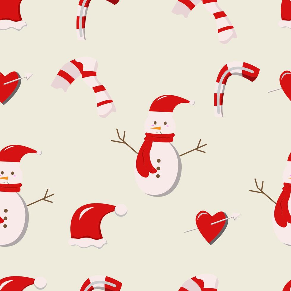patrón de navidad sin costuras con muñeco de nieve, bufanda, sombrero de santa, caramelo, corazón con flecha, fácil de editar vector