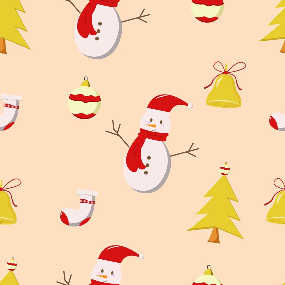 Christmas Seamless Pattern with snowman, christmas bell, christmas tree, socks, and crystal ball, easy to edit vector