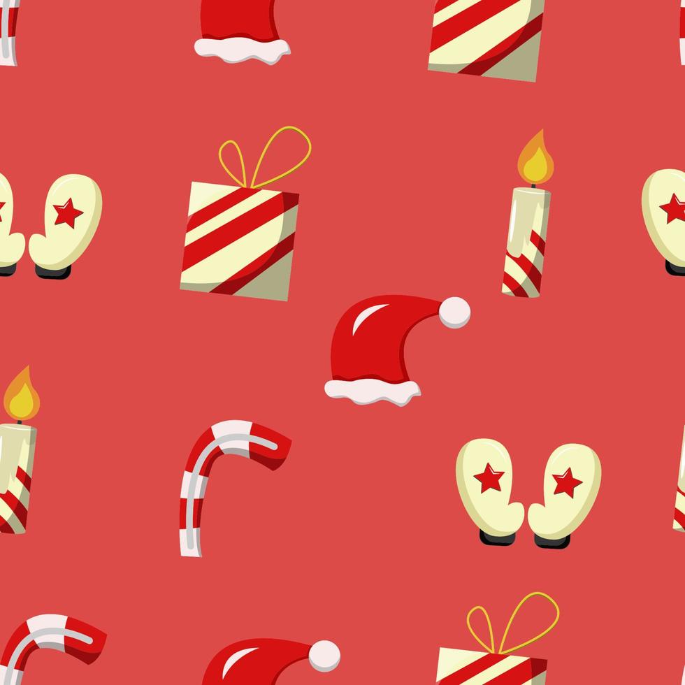 Christmas Seamless Pattern with candy, candle, gloves, gift box, and santa hat, easy to edit vector