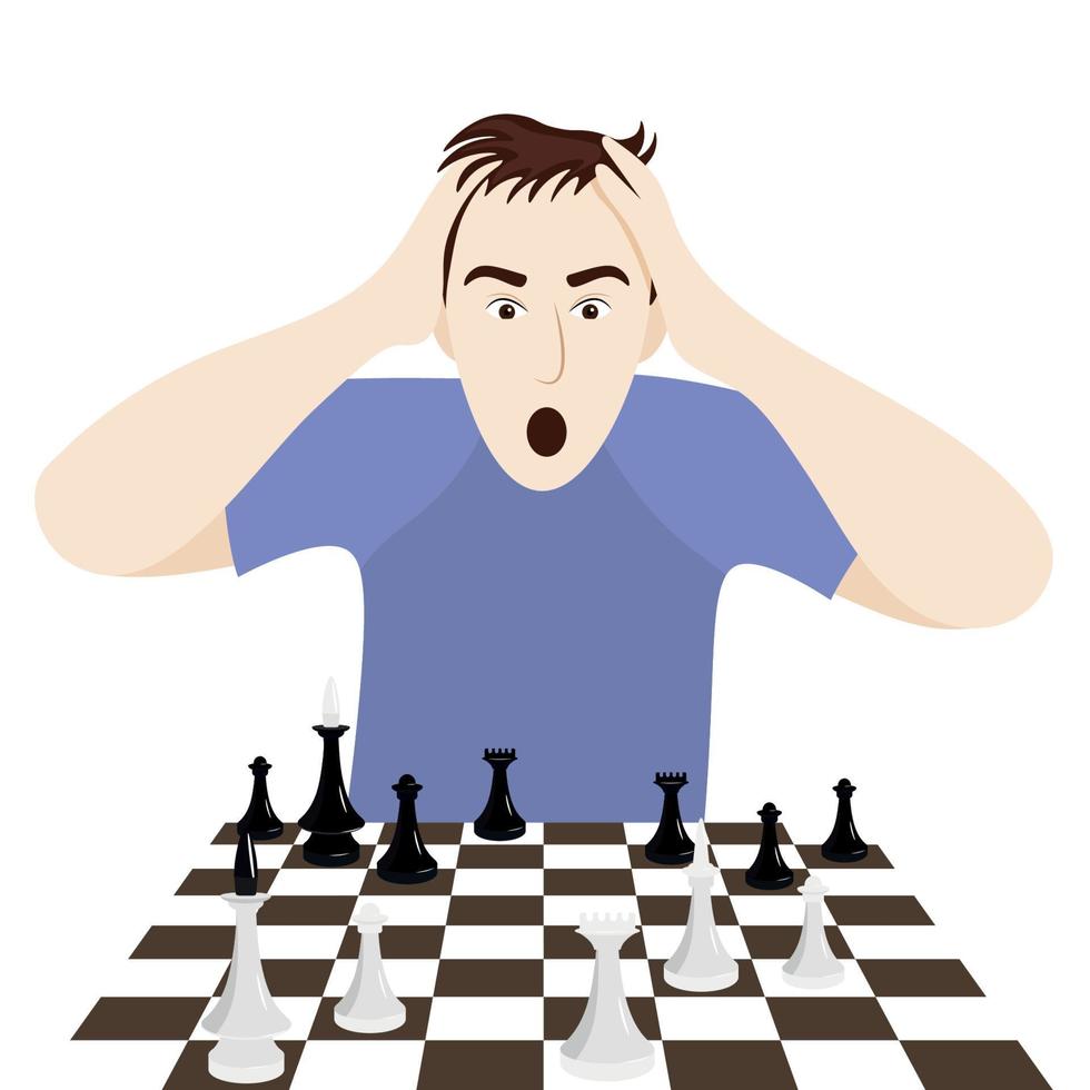 The man put his hands on his head, the guy at the chessboard, flat vector, isolate on white vector