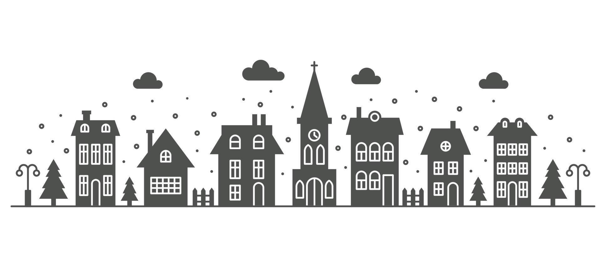 Suburban neighborhood winter landscape. Silhouette of houses and church on the skyline with snowflakes. Countryside cottage homes. Glyph vector illustration.