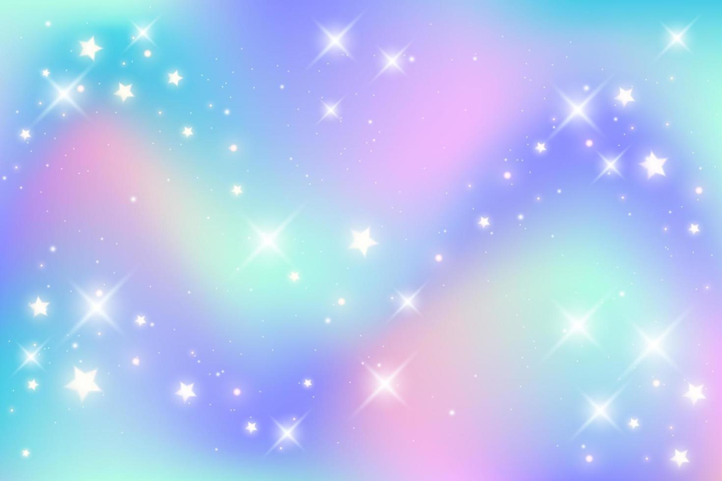 Rainbow unicorn background. Pastel gradient color sky with glitter stars and bokeh. Magic galaxy space. Vector fairy abstract wavy pattern.