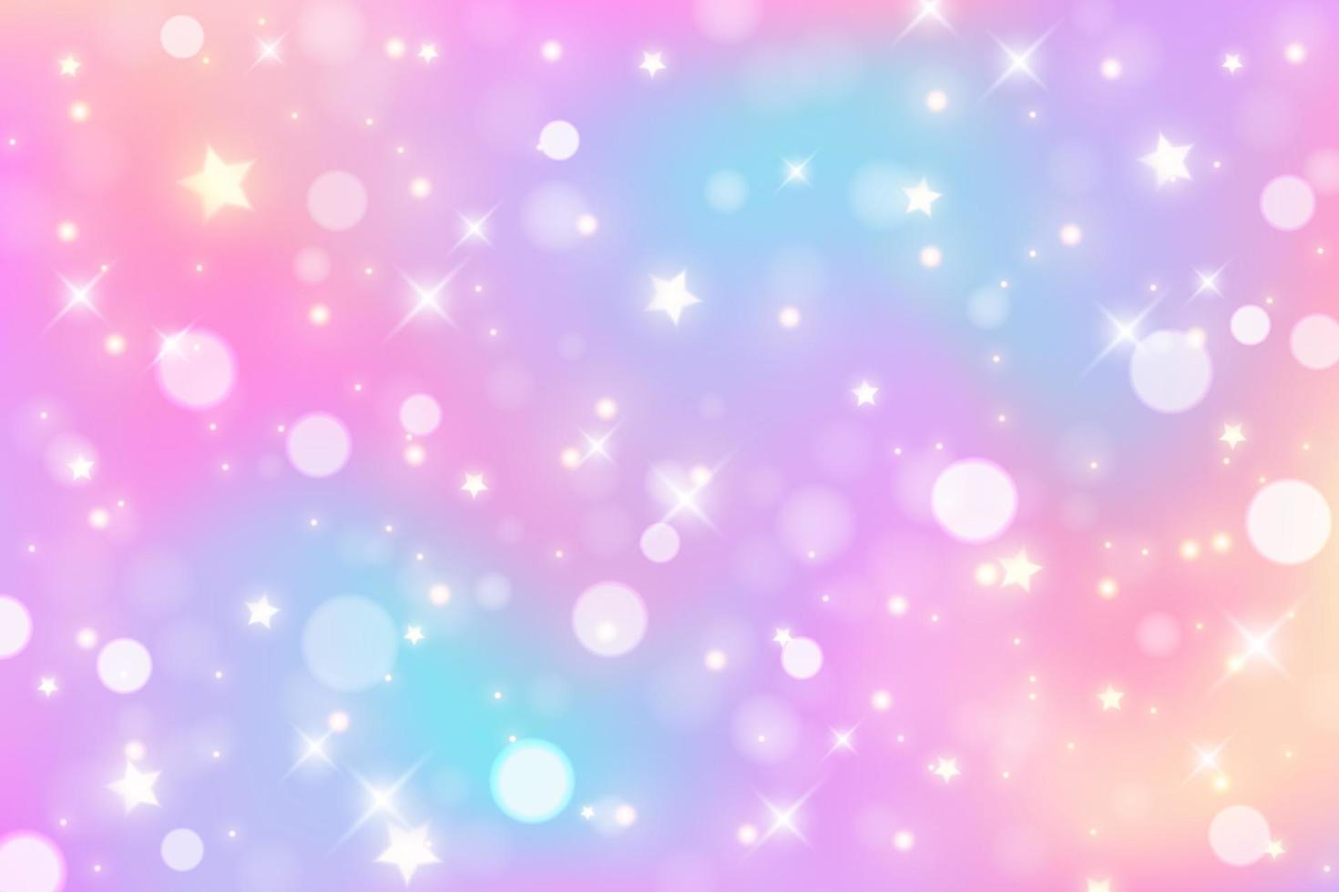 Rainbow unicorn background. Pastel gradient color sky with glitter and bokeh. Magic galaxy space and stars. Vector abstract pattern.