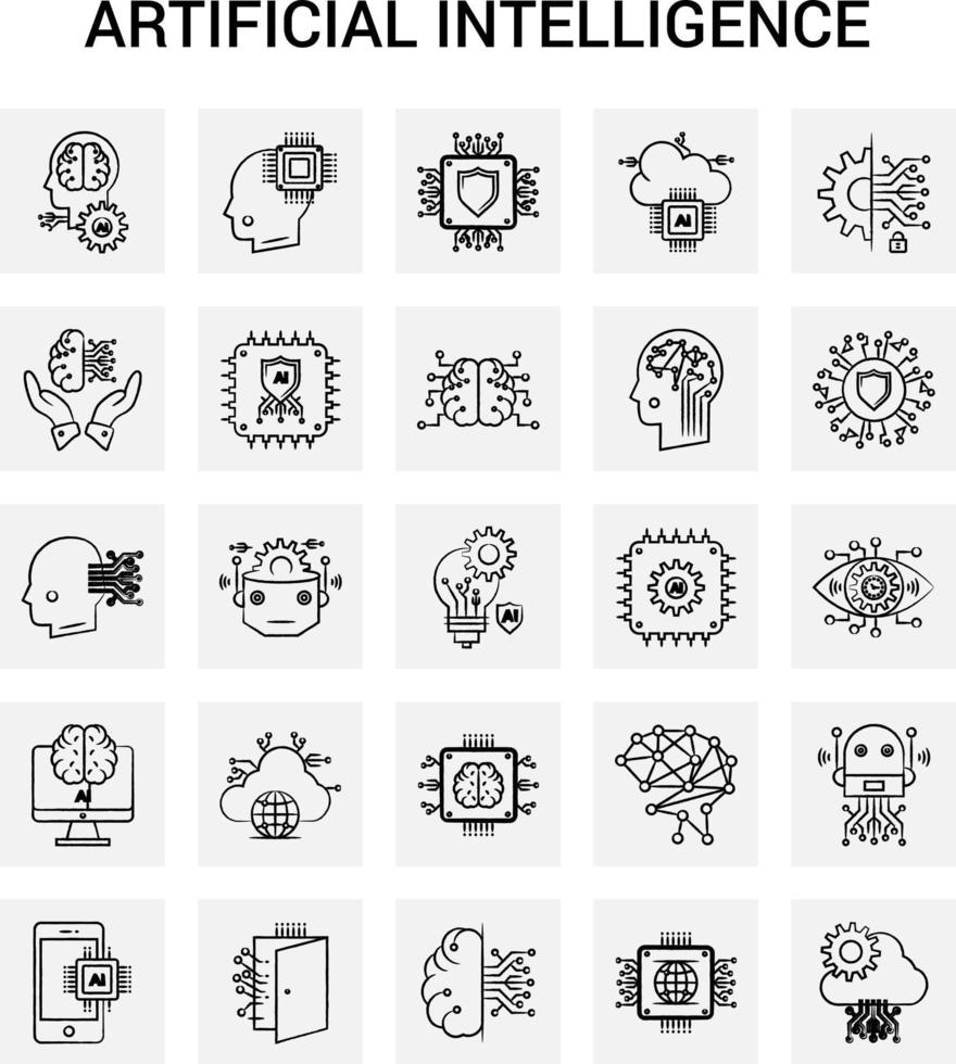 25 Hand Drawn Artificial Intelligence icon set Gray Background Vector Doodle