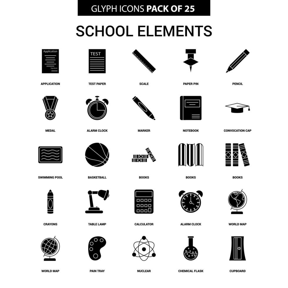 conjunto de iconos de vector de glifo de elementos escolares