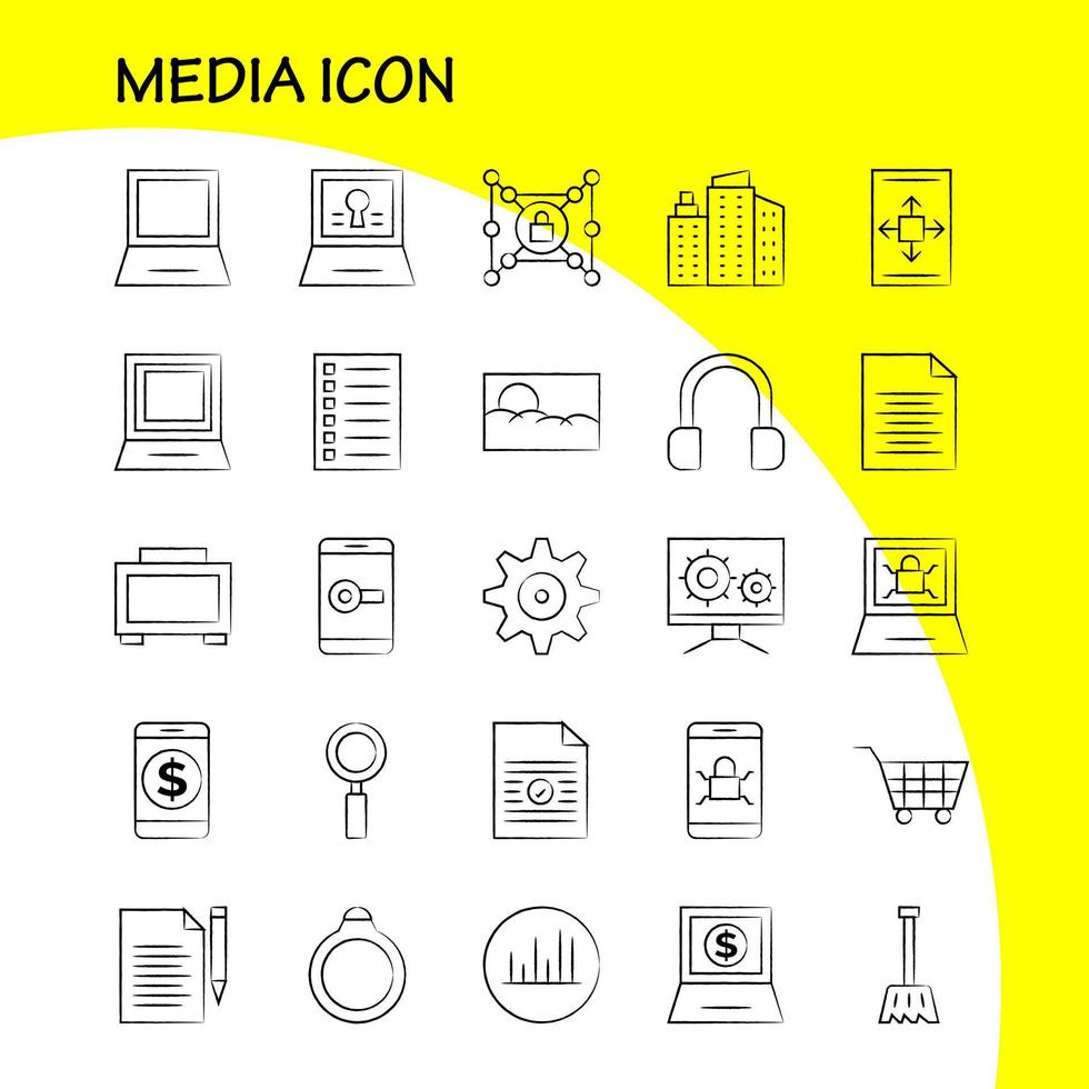 icono de medios iconos dibujados a mano establecidos para infografías kit de uxui móvil y diseño de impresión incluyen imagen de herramienta de reproductor de medios móviles vector de conjunto de iconos de imagen de trama de medios