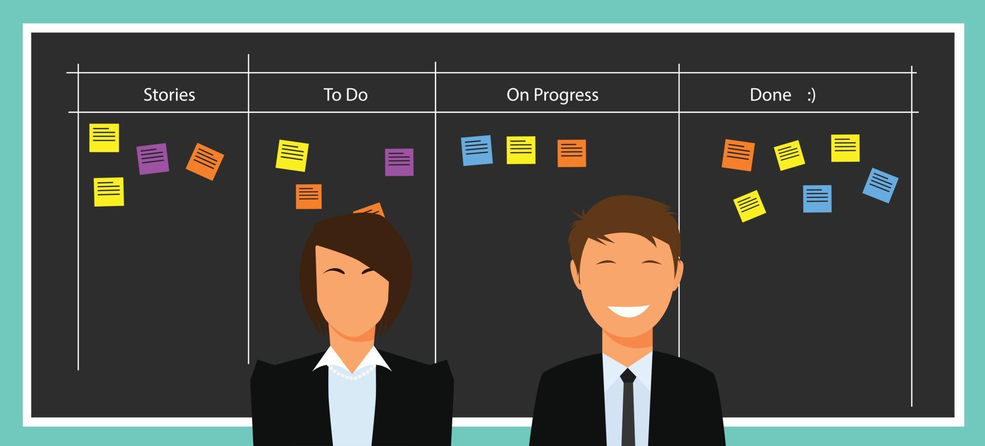 Tablero ágil de scrum con diseño plano vectorial de hombre de negocios y mujer de negocios vector