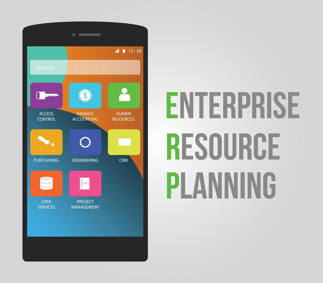 erp - enterprise resource planning vector flat design smartphone and mobile
