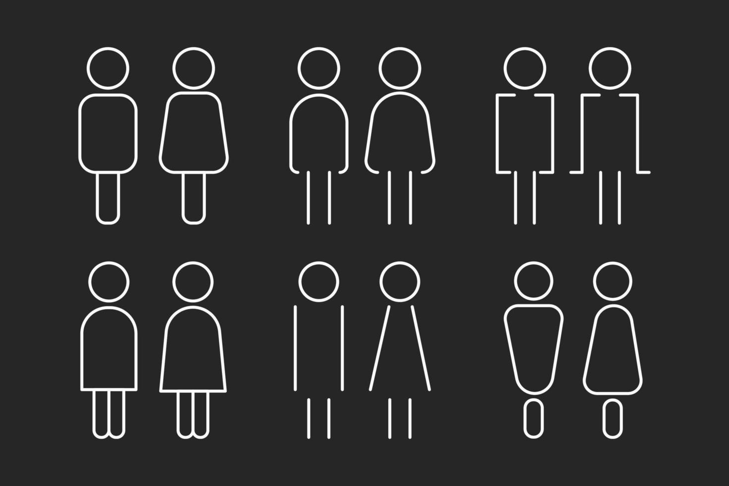 Set of men and women white line icons isolated on black background. vector