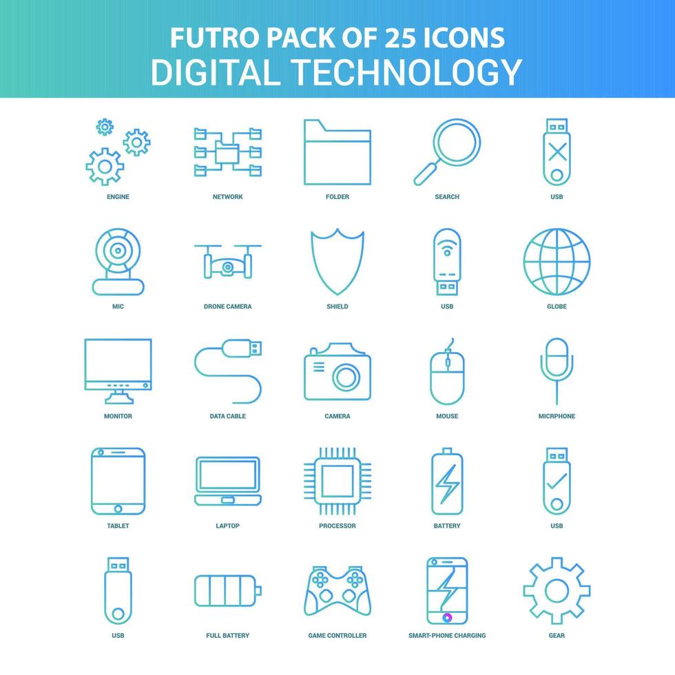 25 Green and Blue Futuro Digital Technology Icon Pack vector