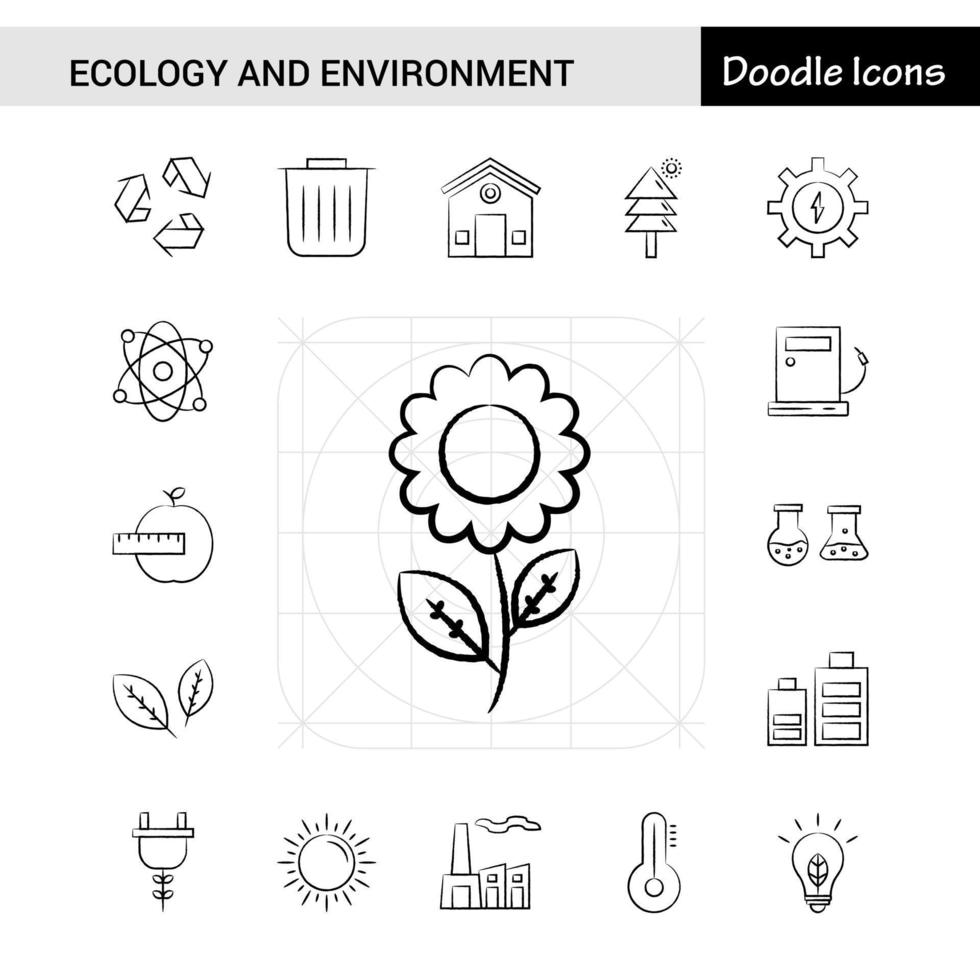 Set of 17 Ecology and Enviroment handdrawn icon set vector