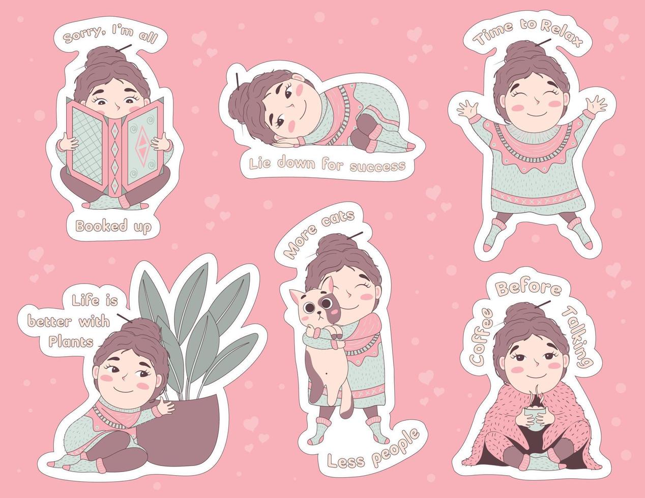 Bundle of stickers with a cute girl in a voluminous ugly hygge sweater. Happy character in winter cozy clothes rejoices in loneliness, sits at home, introvert, stay-at-home vector