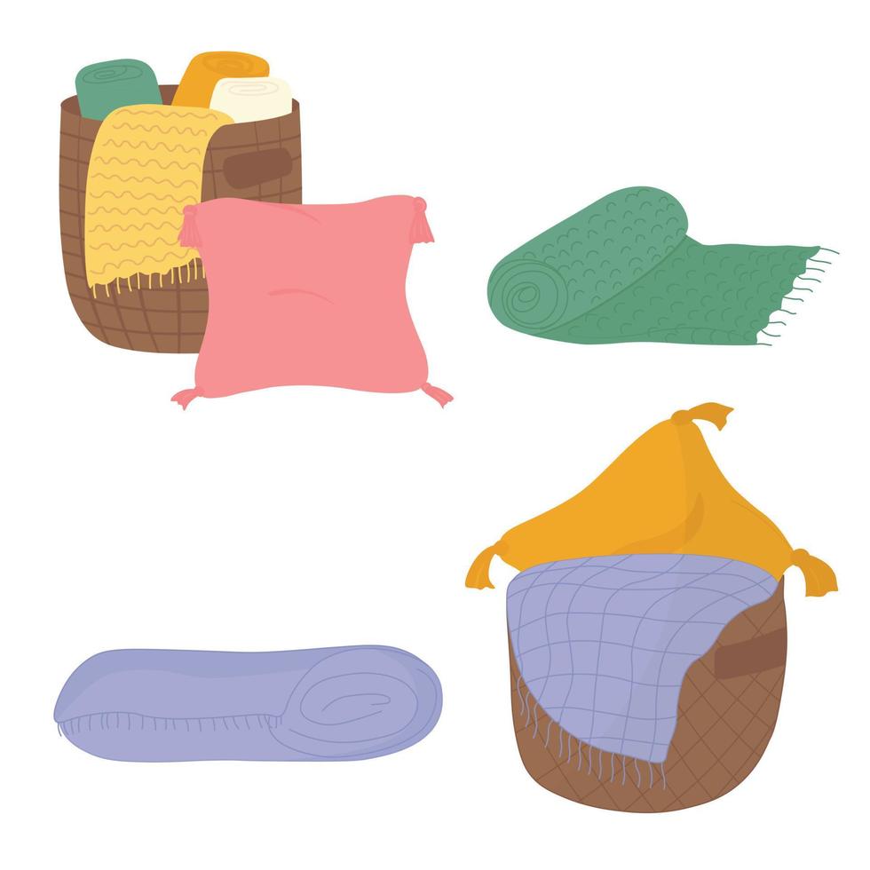 Set basket with a plaid vector stock illustration. Warm soft fabrics folded into rolls. A blanket and a pillow. Isolated on a white background.
