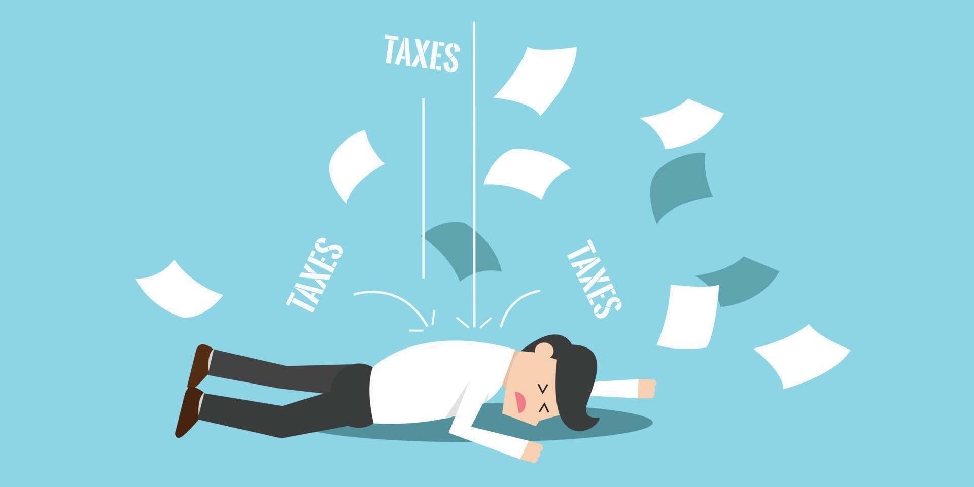 business man bankrupt and falling down because of taxes vector