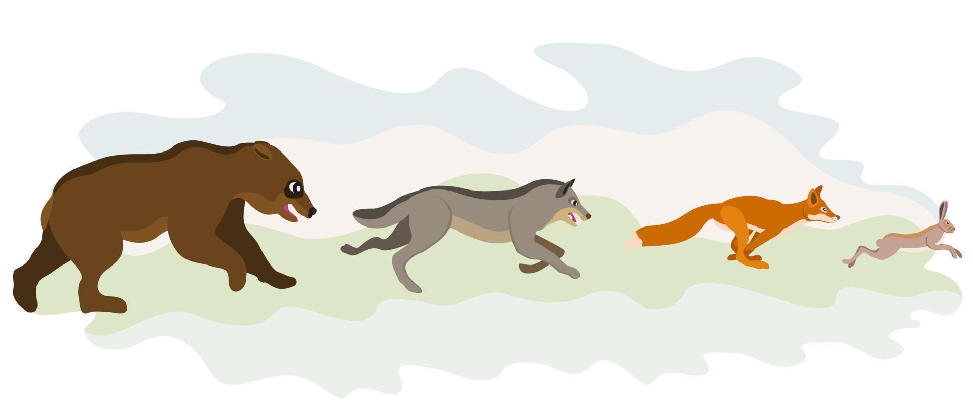 Animals running after each other. Hare, fox, wolf, bear. Vector isolated illustration.
