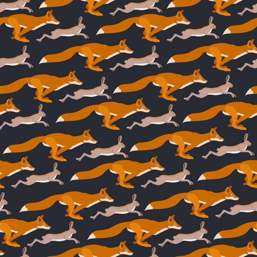 Vector seamless pattern with hares and foxes, running after each other.