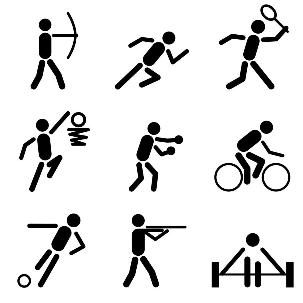 conjunto de iconos vectoriales sobre deportes. tiro con arco, atletismo, bádminton, baloncesto, boxeo, ciclismo, fútbol, tiro, símbolos de levantamiento de pesas. vector